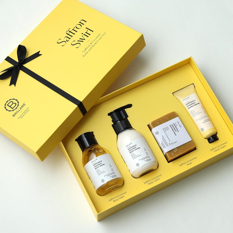 Brillare Saffron Swirl Gift Box Saffron Body Wash Saffron Body Scrub Saffron Face Wash Saffron Face Scrub Healing Rejuvenating Skincare For All Skin Types Ideal Gift For Birthdays Anniversaries Special Occasions Pack of 4 - Image 1