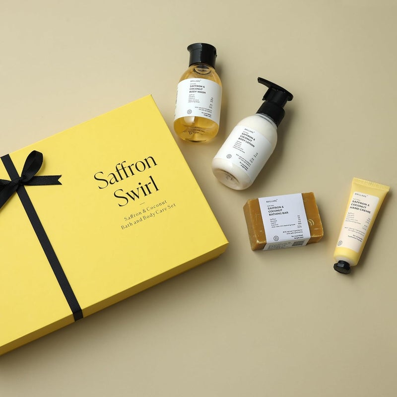 Brillare Saffron Swirl Gift Box Saffron Body Wash Saffron Body Scrub Saffron Face Wash Saffron Face Scrub Healing Rejuvenating Skincare For All Skin Types Ideal Gift For Birthdays Anniversaries Special Occasions Pack of 4 - Image 2