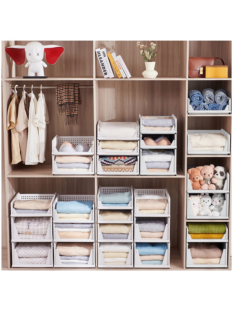 Excefore Stackable Plastic Storage Basket, Foldable Closet Organizers and Storage Bins, Drawer Shelf Storage Container for Wardrobe Cupboard Bedroom Bathroom Office, White Large, 2 Pack  - Image 2