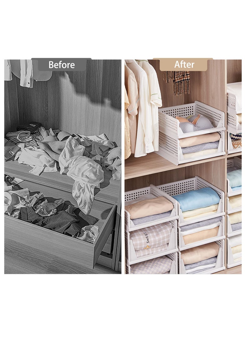 Excefore Stackable Plastic Storage Basket, Foldable Closet Organizers and Storage Bins, Drawer Shelf Storage Container for Wardrobe Cupboard Bedroom Bathroom Office, White Large, 2 Pack  - Image 4