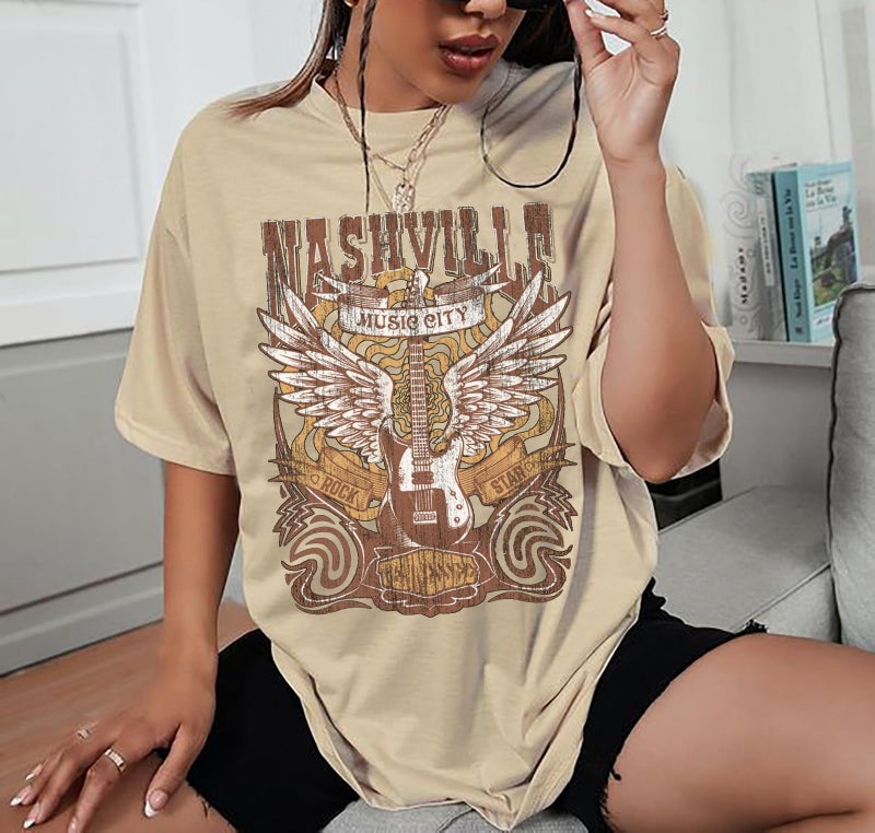 MHTOR Oversized Rock Band T-Shirt Women Country Music Shirt Tops Nashville Music City Tshirt Vintage Guitar Wings Graphic Tees(X-Large,Beige) - Image 2
