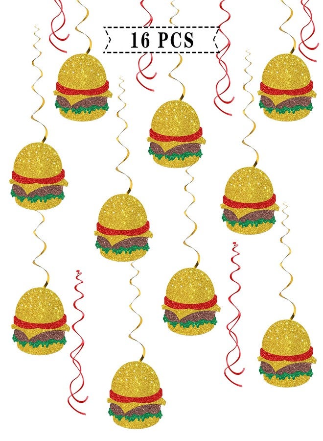 Maicaiffe Hamburger Sign Hanging Swirl Decorations - Glitter 16 Pcs Fast Food Party Supplies - Girls Boys Birthday Party - Engagement - Wedding Streamers - Hamburger Party Foil Swirls Ceiling Decorations - Image 1
