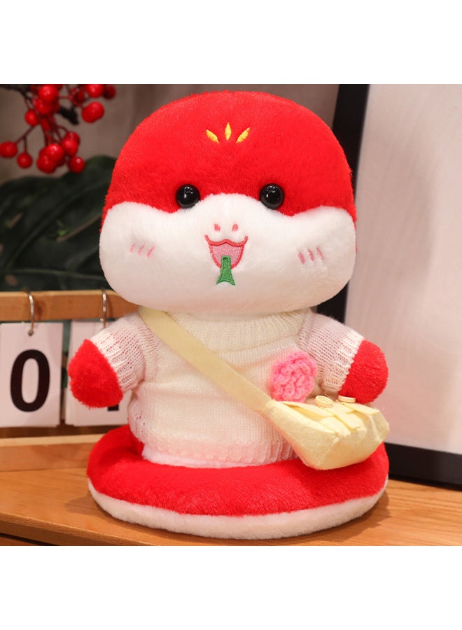 Year Of The Snake Mascot Doll Zodiac Snake Plush Toy Dress Snake Baby Doll Annual Meeting Gift Year Gift-Specifications:White Sweater With Small Flowers + Small Bag + Red Snake Baby-Color:30cm  - Image 1