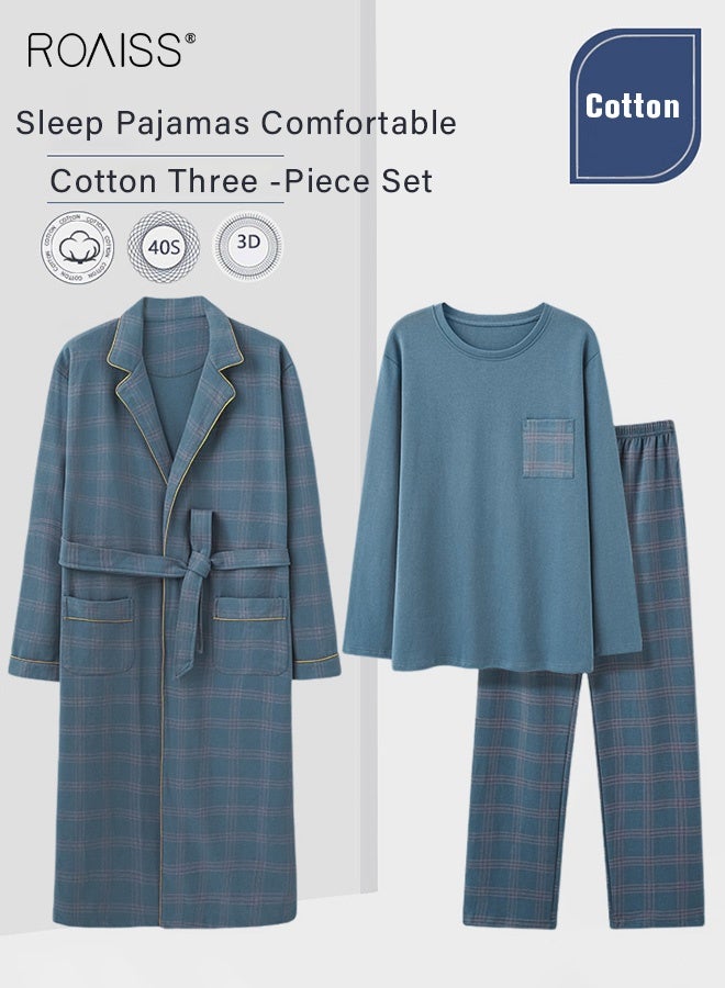 رويس طقم بيجامات دافئ مكون من 3 قطع للرجال، رداء بسيط شبكي طويل من القطن، طقم بيجامات منزلي للرجال لفصل الخريف والشتاء، ناعم وفضفاض ومريح للبشرة، أزرق (أكمام طويلة + بنطلون + رداء) - Image 2