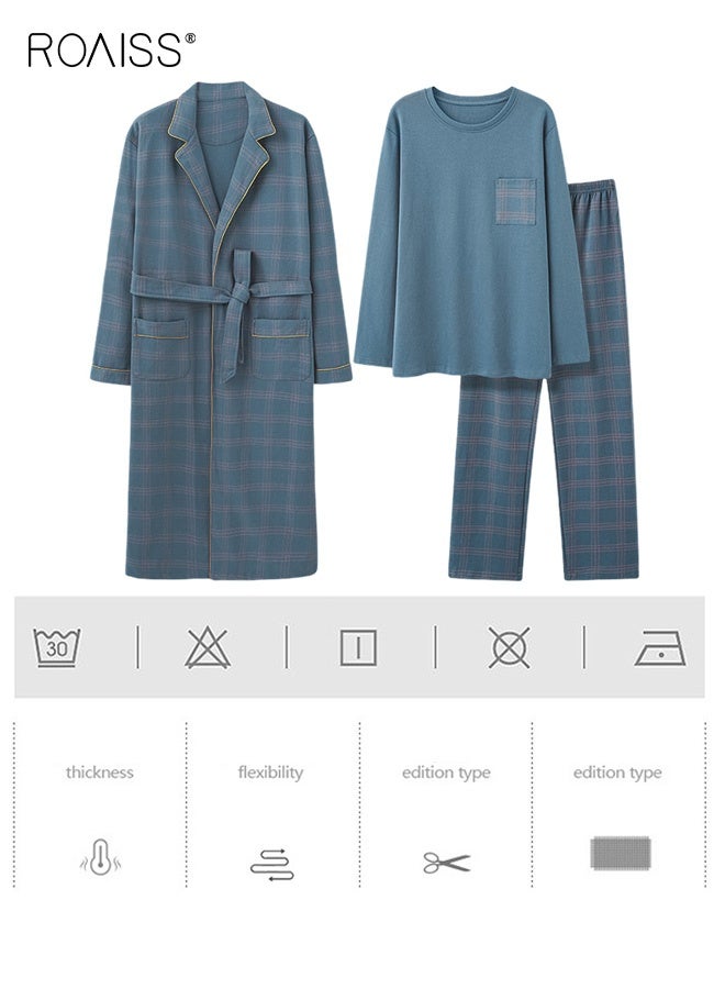 رويس طقم بيجامات دافئ مكون من 3 قطع للرجال، رداء بسيط شبكي طويل من القطن، طقم بيجامات منزلي للرجال لفصل الخريف والشتاء، ناعم وفضفاض ومريح للبشرة، أزرق (أكمام طويلة + بنطلون + رداء) - Image 5
