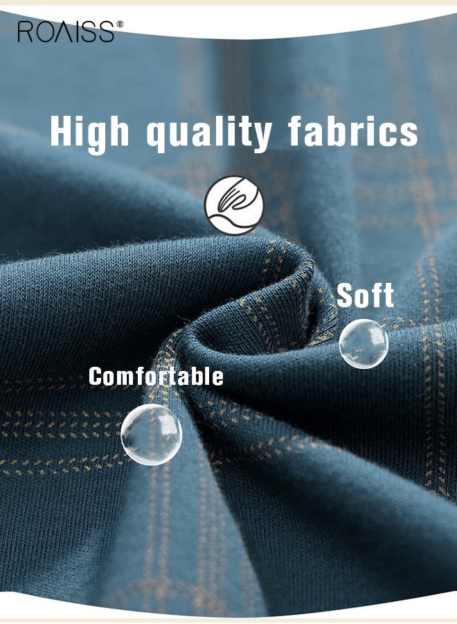 رويس طقم بيجامات دافئ مكون من 3 قطع للرجال، رداء بسيط شبكي طويل من القطن، طقم بيجامات منزلي للرجال لفصل الخريف والشتاء، ناعم وفضفاض ومريح للبشرة، أزرق (أكمام طويلة + بنطلون + رداء) - Image 4