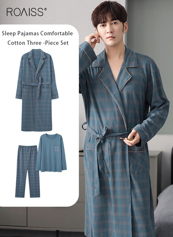 رويس طقم بيجامات دافئ مكون من 3 قطع للرجال، رداء بسيط شبكي طويل من القطن، طقم بيجامات منزلي للرجال لفصل الخريف والشتاء، ناعم وفضفاض ومريح للبشرة، أزرق (أكمام طويلة + بنطلون + رداء) - Image 1