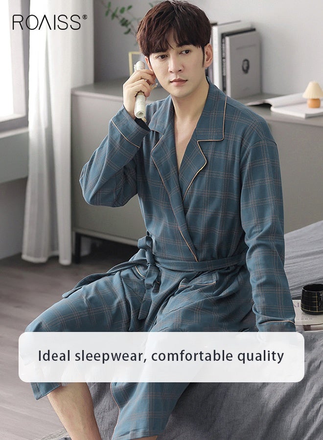 رويس طقم بيجامات دافئ مكون من 3 قطع للرجال، رداء بسيط شبكي طويل من القطن، طقم بيجامات منزلي للرجال لفصل الخريف والشتاء، ناعم وفضفاض ومريح للبشرة، أزرق (أكمام طويلة + بنطلون + رداء) - Image 3