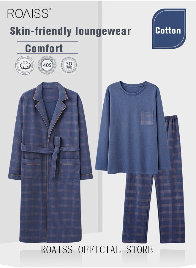 3 Piece Warm Pajamas Set for Men Lattice Simple Robe Long Cotton Sleepwear Suit Mens Home Wear Pyjamas Set Autumn Winter Soft Loose Skin Friendly Loungewear Blue(Long Sleeves + Pants + Robe) - pzsku/Z76AE8ABF03C4AD47E083Z/45/_/1673002396/94e2592b-998c-4e57-9ff8-97dc2720e994