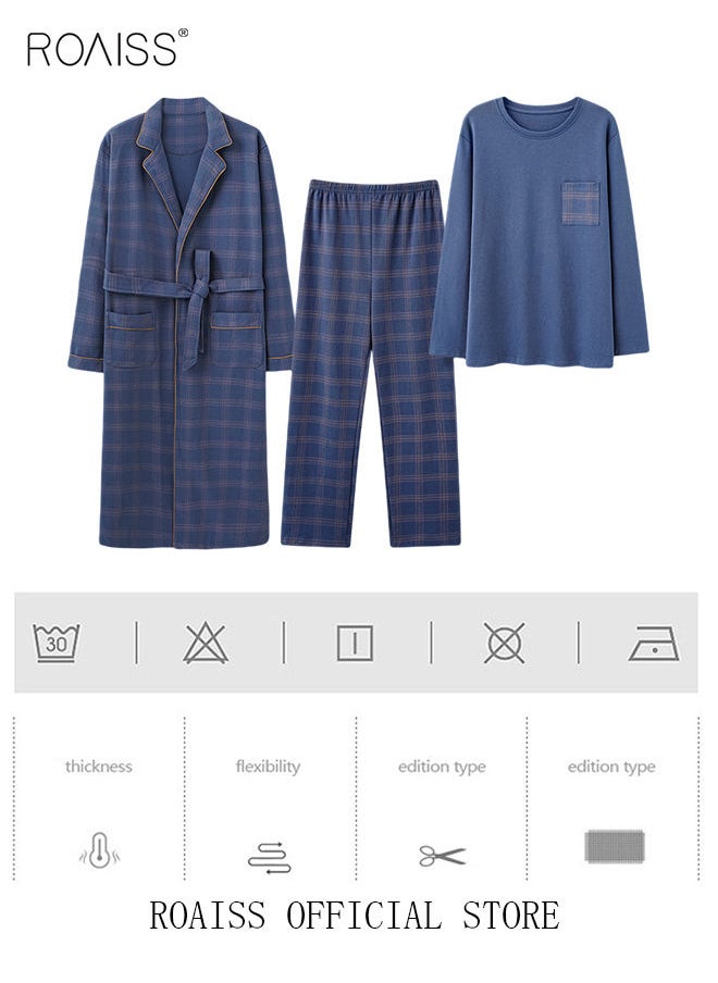 3 Piece Warm Pajamas Set for Men Lattice Simple Robe Long Cotton Sleepwear Suit Mens Home Wear Pyjamas Set Autumn Winter Soft Loose Skin Friendly Loungewear Blue(Long Sleeves + Pants + Robe) - pzsku/Z76AE8ABF03C4AD47E083Z/45/_/1673008037/0708e02b-6587-4bcc-a229-6f0749bc002d