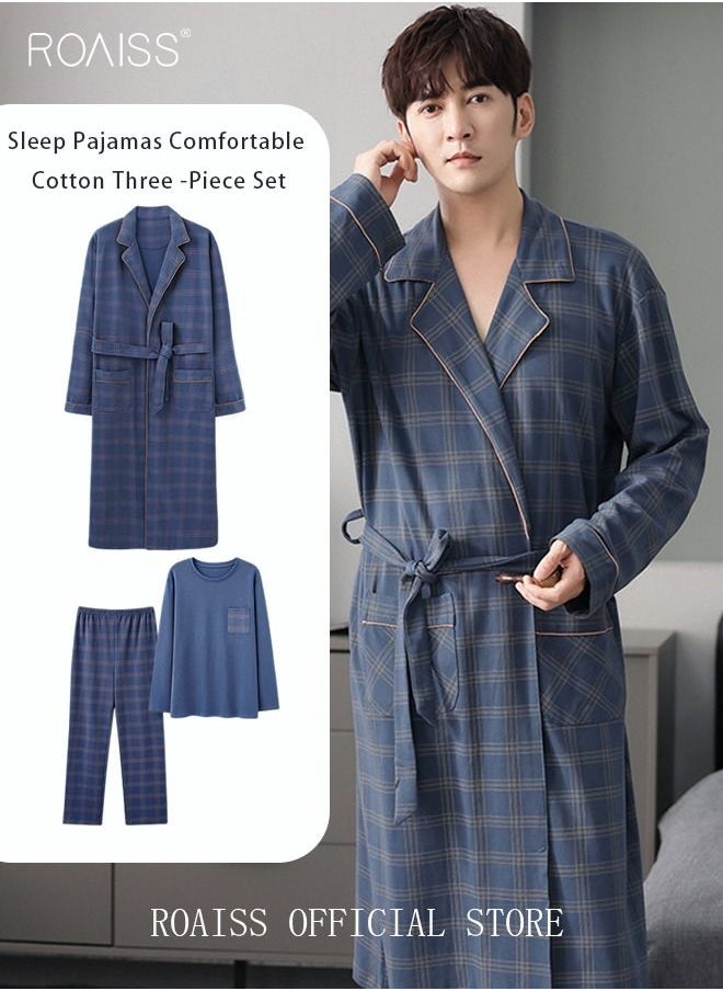 3 Piece Warm Pajamas Set for Men Lattice Simple Robe Long Cotton Sleepwear Suit Mens Home Wear Pyjamas Set Autumn Winter Soft Loose Skin Friendly Loungewear Blue(Long Sleeves + Pants + Robe) - pzsku/Z76AE8ABF03C4AD47E083Z/45/_/1673008037/ae58a6a4-082c-4caa-90ed-9fdf804e7d05