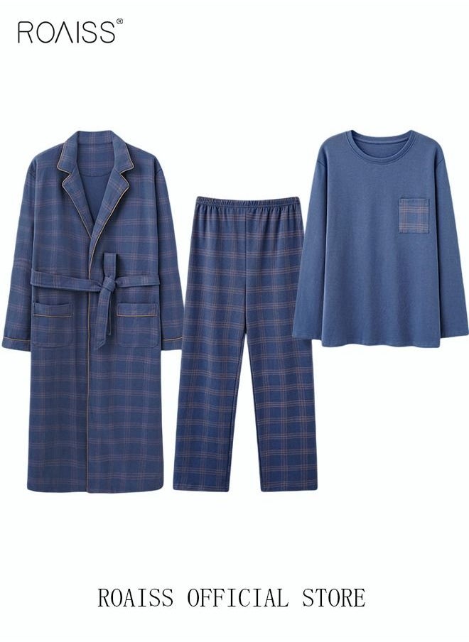 3 Piece Warm Pajamas Set for Men Lattice Simple Robe Long Cotton Sleepwear Suit Mens Home Wear Pyjamas Set Autumn Winter Soft Loose Skin Friendly Loungewear Blue(Long Sleeves + Pants + Robe) - pzsku/Z76AE8ABF03C4AD47E083Z/45/_/1673008037/dc5ac073-7eae-4647-99b0-67395622570d