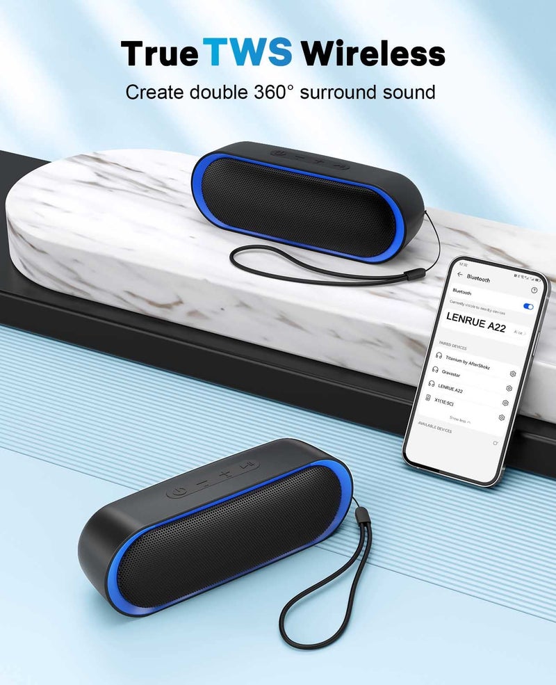 LENRUE Bluetooth Speakers, Waterproof Portable Speakers with TWS, 24 Playtime, Stereo Sound, Wireless for Home Shower Pool Beach Outdoor (Black) - Image 4