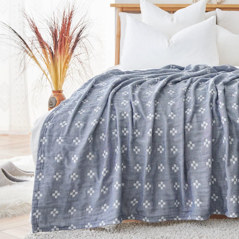 jinchan Boho 100 Cotton Blanket Muslin 50x60 Inches Lightweight 3Layer Geometric Cross Pattern Reversible Quilt Throw Soft Breathable Comfy All Seasons for Couch Bed Decor Blue