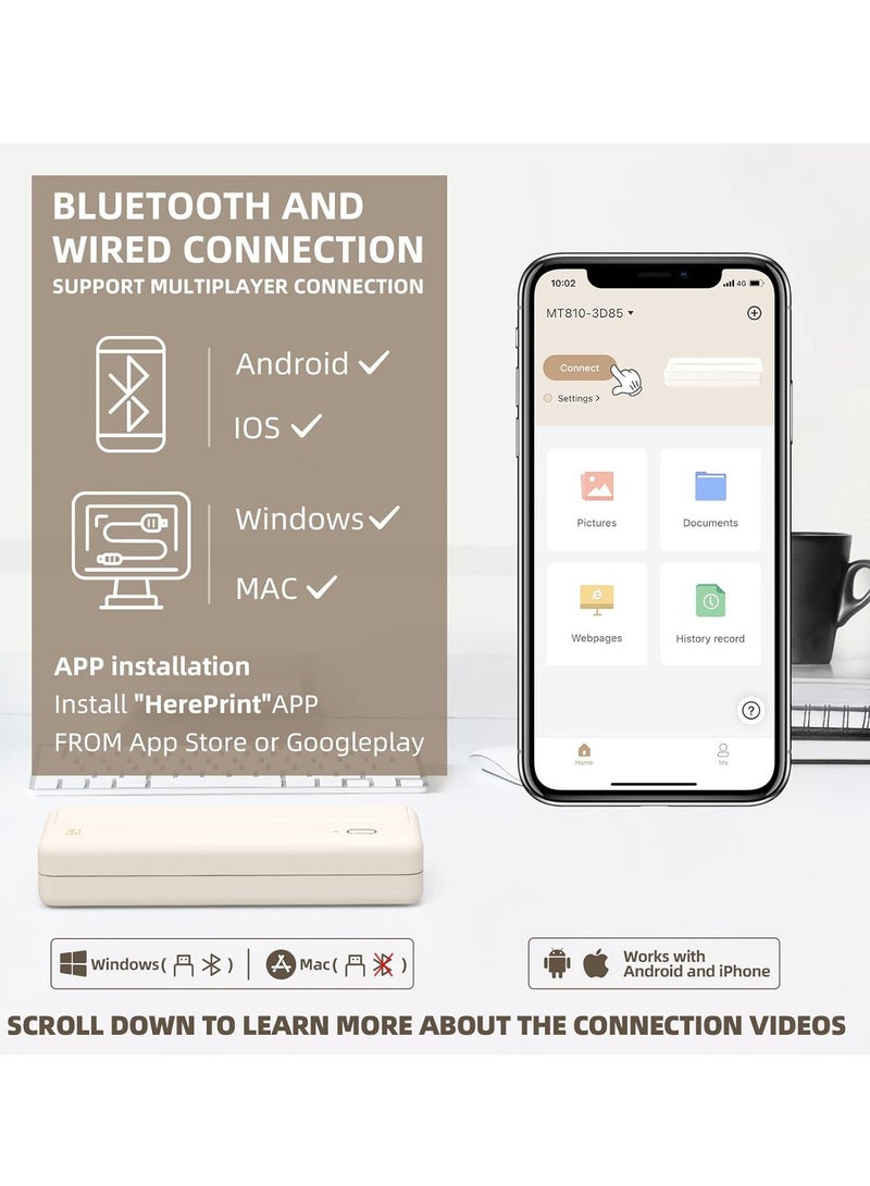 اتش بي ار تي طابعات سفر محمولة MT810 - طابعة حرارية مدمجة للاستخدام المنزلي بدون حبر - لفة ورق طباعة محمولة للسيارة والمكتب - طابعة بلوتوث لاسلكية متوافقة مع جوالات اي او اس واندرويد واللاب توب - Image 2