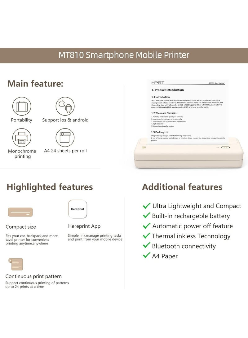 اتش بي ار تي طابعات سفر محمولة MT810 - طابعة حرارية مدمجة للاستخدام المنزلي بدون حبر - لفة ورق طباعة محمولة للسيارة والمكتب - طابعة بلوتوث لاسلكية متوافقة مع جوالات اي او اس واندرويد واللاب توب - Image 3