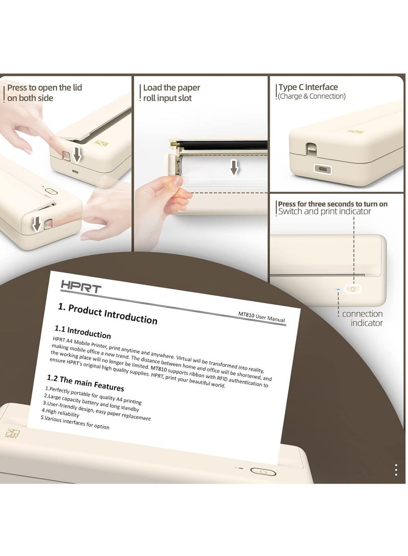 اتش بي ار تي طابعات سفر محمولة MT810 - طابعة حرارية مدمجة للاستخدام المنزلي بدون حبر - لفة ورق طباعة محمولة للسيارة والمكتب - طابعة بلوتوث لاسلكية متوافقة مع جوالات اي او اس واندرويد واللاب توب - Image 4
