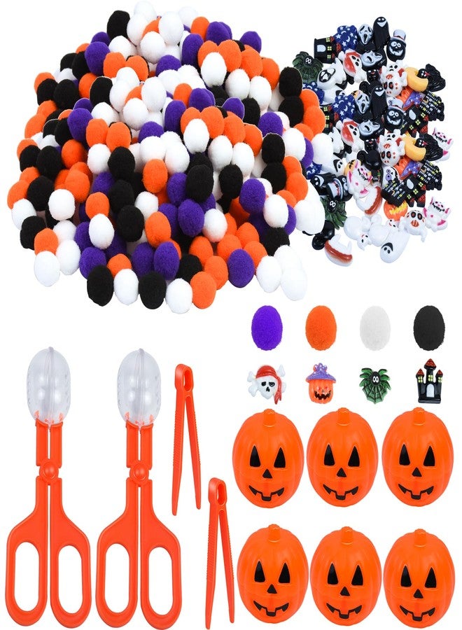 Waybas 260pcs Halloween Fine Motor Sensory Bin Filler Set, Sensory Bin Tools 200 Pom Pom 50 Resin Figurines 6 Pumpkin Sorting Cup with Shovel Spoon for Counting Training Development DIY Crafts Decor - Image 1