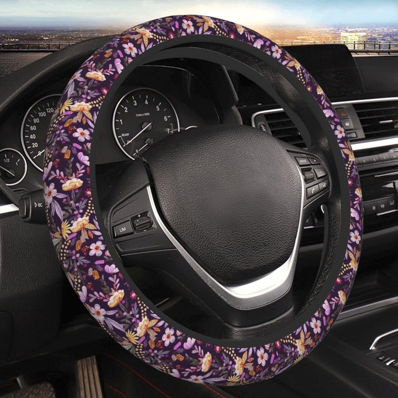 CTVSLFU Steering Wheel Cover Universal Fit Car Interior Accessories for Women Men 15 Inch Breathable Anti Slip Odorless Neoprene Steering Wheel Cover for Car Decor Protector Vintage Purple Flowers 015 - Image 3