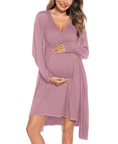 SWOMOG Womens 3 in 1 Delivery Labor Maternity Nightgowns Long Sleeve Robes and Sleeveless Gown Nursing Nightdress Hospital Breastfeeding Dress - Image 1