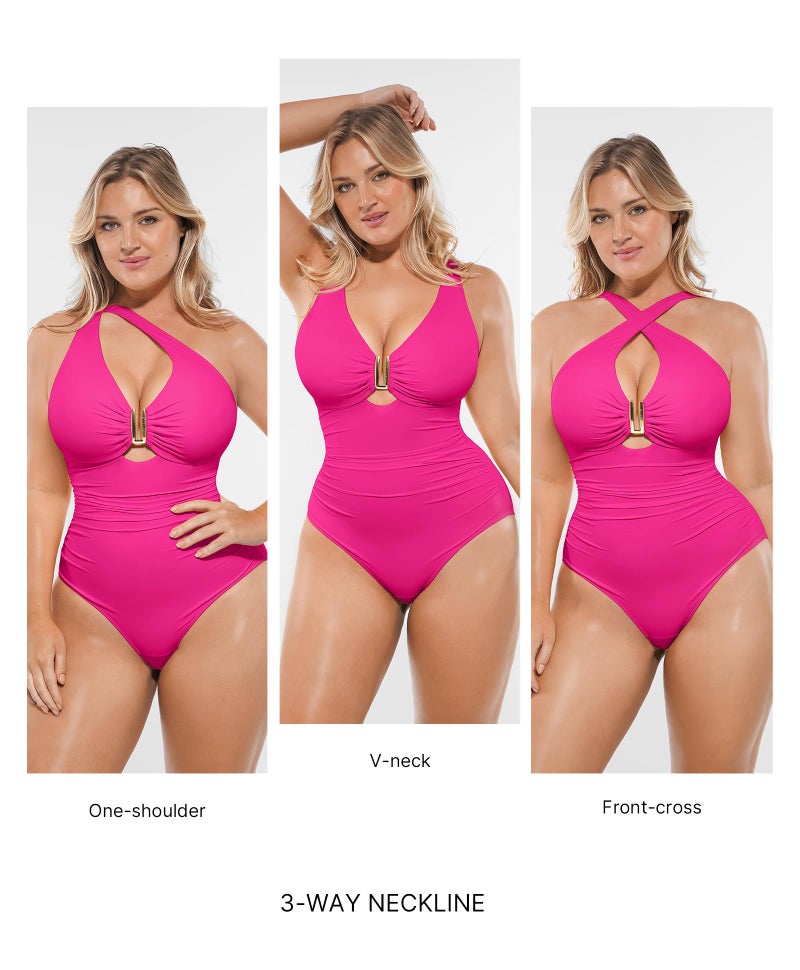 SHAPELLX Tummy Control Swimsuits for Women Ruched V Neck One Piece Bathing Suit Full Coverage Shapewear Swimwear Pink XL - Image 2