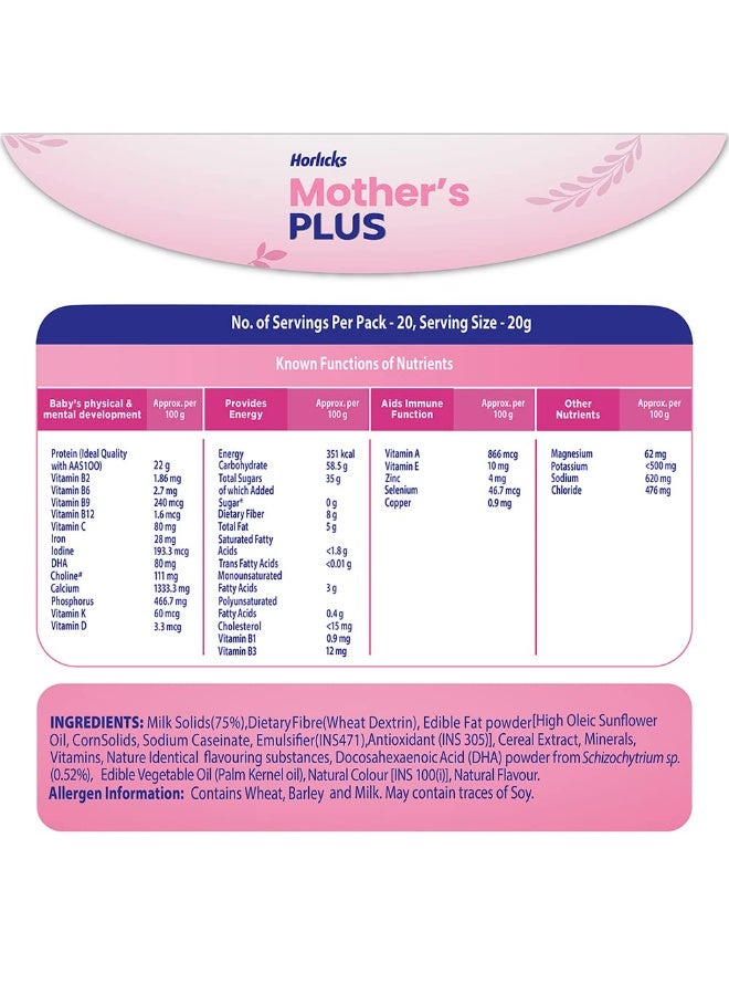 Horlicks Mother's Horlicks Plus Powder, Nutrition Drink For Pregnancy & Lactation, Protein For Healthy Birth Weight, No Added Sugar, Kesar Flavour, Refill, 500G - Image 3