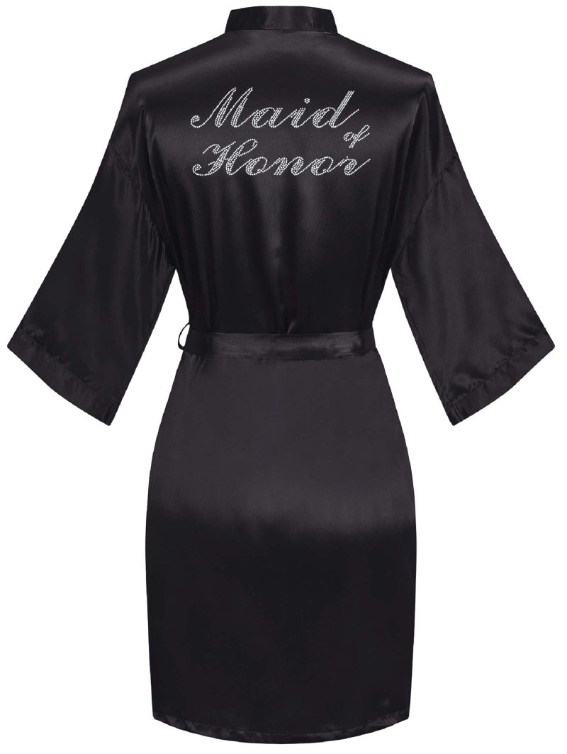 sunshinemall sunshinemall Women's Satin Kimono Robes with Rhinestones Bride Bridesmaid Short Getting Ready Wedding Dressing Gown Black  - Image 1