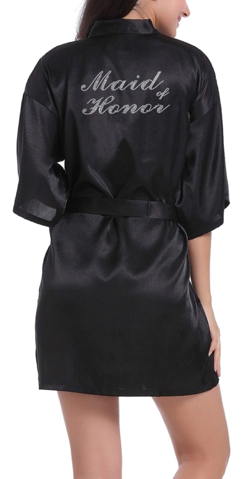 sunshinemall sunshinemall Women's Satin Kimono Robes with Rhinestones Bride Bridesmaid Short Getting Ready Wedding Dressing Gown Black  - Image 3