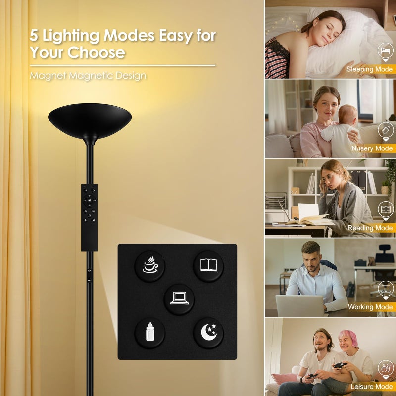 Bricosmocon Stepless Dimmable Floor Lamp,30W 3000LM Super Bright LED Torchiere Floor Lamps with Remote & Touch Control,71 in Tall Modern Standing Lamp for Living Room Bedroom Office,2700k-6500k,Black - Image 5