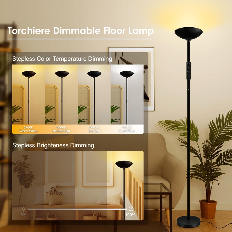 Bricosmocon Stepless Dimmable Floor Lamp,30W 3000LM Super Bright LED Torchiere Floor Lamps with Remote & Touch Control,71 in Tall Modern Standing Lamp for Living Room Bedroom Office,2700k-6500k,Black - Image 3