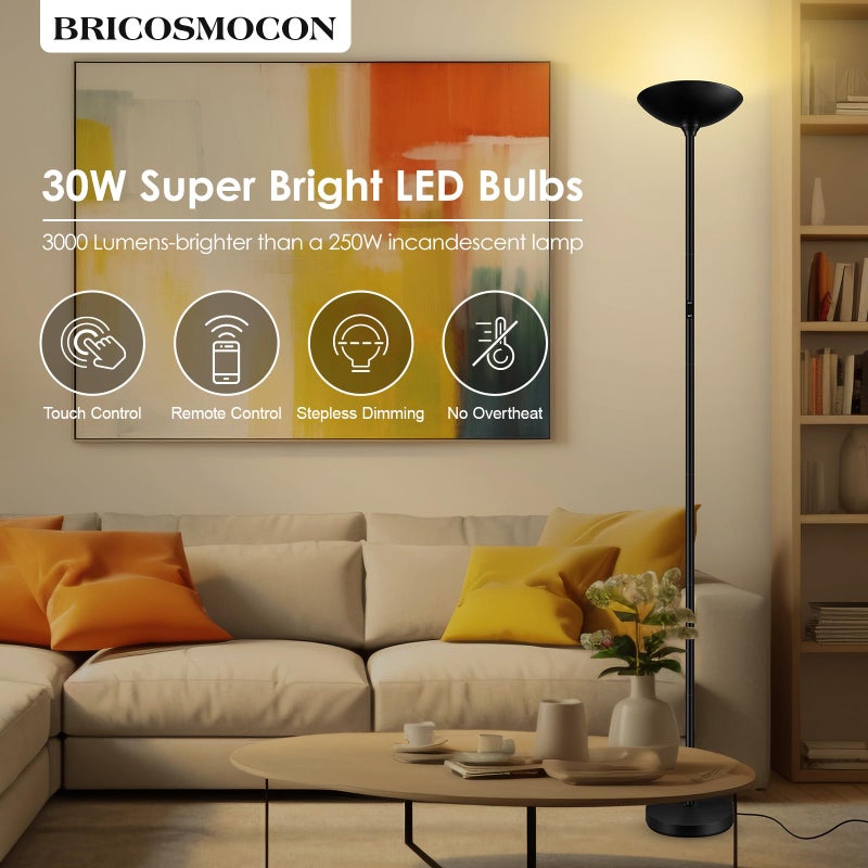Bricosmocon Stepless Dimmable Floor Lamp,30W 3000LM Super Bright LED Torchiere Floor Lamps with Remote & Touch Control,71 in Tall Modern Standing Lamp for Living Room Bedroom Office,2700k-6500k,Black - Image 2