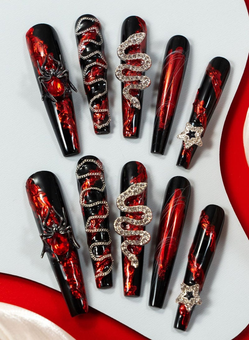 general 10pcs Handmade Press on Nails - Glitter Purple Diamond Long Almond Reusable Gel UV Finished False Nails, Designer Fashion 3D Hand-painted Nails - Image 2