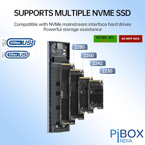 piBOX India NVMe SSD Enclosure - USB 3.2 10Gbps, Tool-Free M.2 NVMe Case, PCI-E NVMe Reader, USB-C, Supports M & B&M Keys, 2230/2242/2260/2280 SSDs Powerful - JM583 Chipset - Image 4