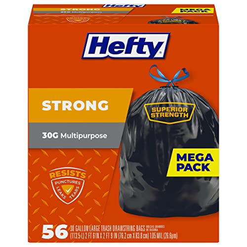 Hefty Strong 30 Gallon Trash Bags, Large Trash Bags 30 Gallon Size, Durable Drawstring Enclosure, Resists Punctures, Leaks, and Tears, Black, Unscented, 56 Bags - Image 1