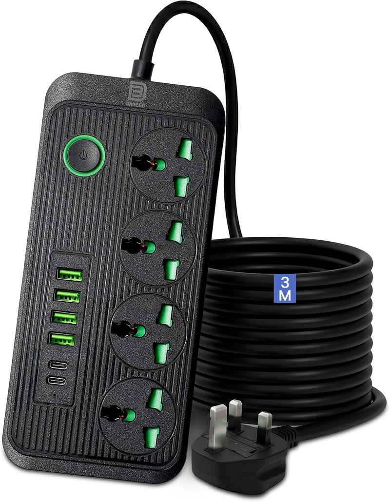 DANEEN Power Extension cord | 3M 3 Core Cable with 10A Fused UK 3 PIN Plug, 04 Power Outlets, 2 Type C and 6 USB 4.8A Fast Charging Ports, Surge & Overload Protection | Push button & LED Indicator - Image 1