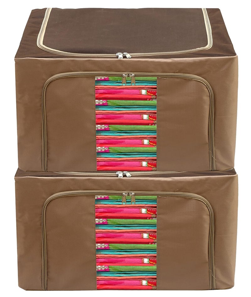 Kuber Industries Steel Frame Living Box Closet Organizer Cloth Storage Boxes for Wardrobe with Clear Window 24Ltr Pack of 2 Brown44LUG0284 - Image 1