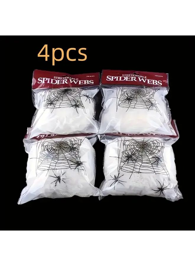 A4 Style White Halloween Spider Web Decorations 4 Pack With 8 Spiders For Home Haunted House Bar - Image 1