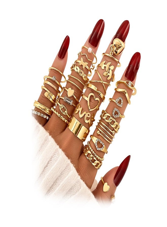 17IF 30 Pcs Gold Vintage Knuckle Ring Set for Women, Boho Crystal Finger Aesthetic Pearl Sparkle Butterfly Chunky Stackable Midi Ring Pack (BigHeart) - Image 1