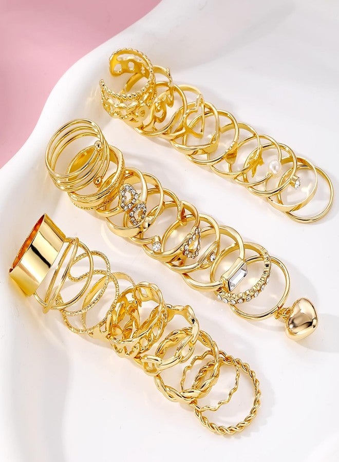 17IF 30 Pcs Gold Vintage Knuckle Ring Set for Women, Boho Crystal Finger Aesthetic Pearl Sparkle Butterfly Chunky Stackable Midi Ring Pack (BigHeart) - Image 4