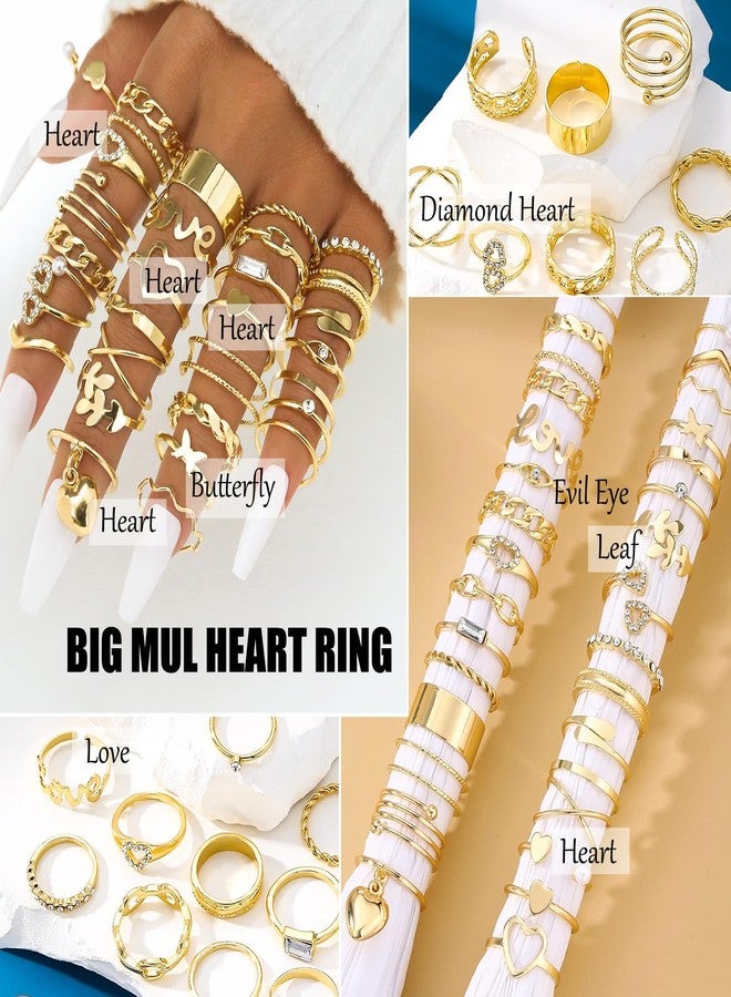 17IF 30 Pcs Gold Vintage Knuckle Ring Set for Women, Boho Crystal Finger Aesthetic Pearl Sparkle Butterfly Chunky Stackable Midi Ring Pack (BigHeart) - Image 2