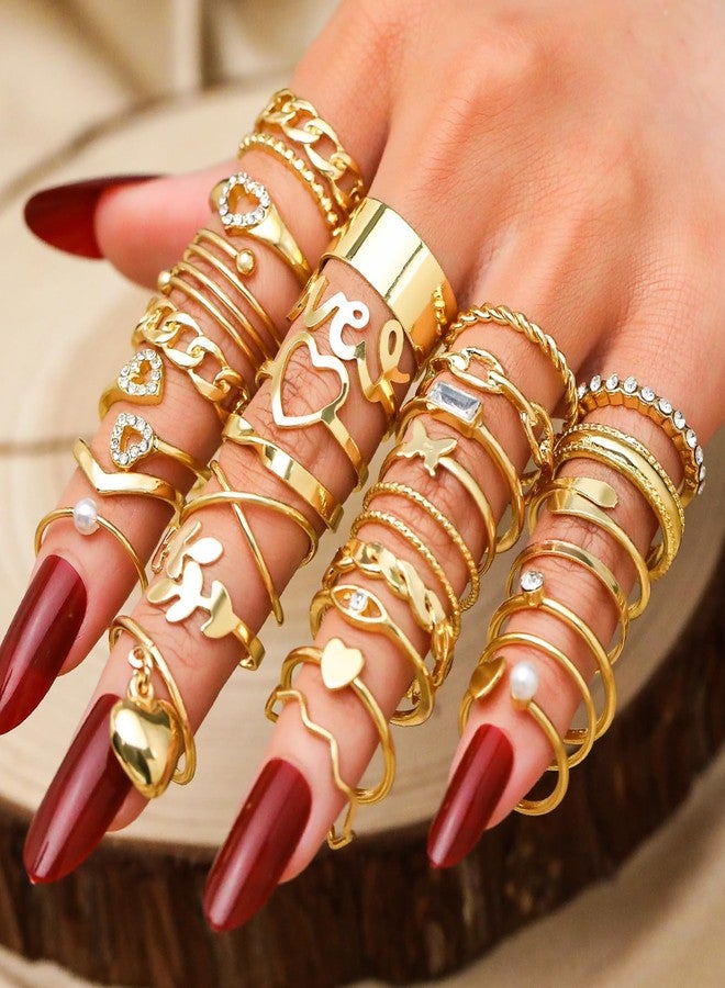 17IF 30 Pcs Gold Vintage Knuckle Ring Set for Women, Boho Crystal Finger Aesthetic Pearl Sparkle Butterfly Chunky Stackable Midi Ring Pack (BigHeart) - Image 5