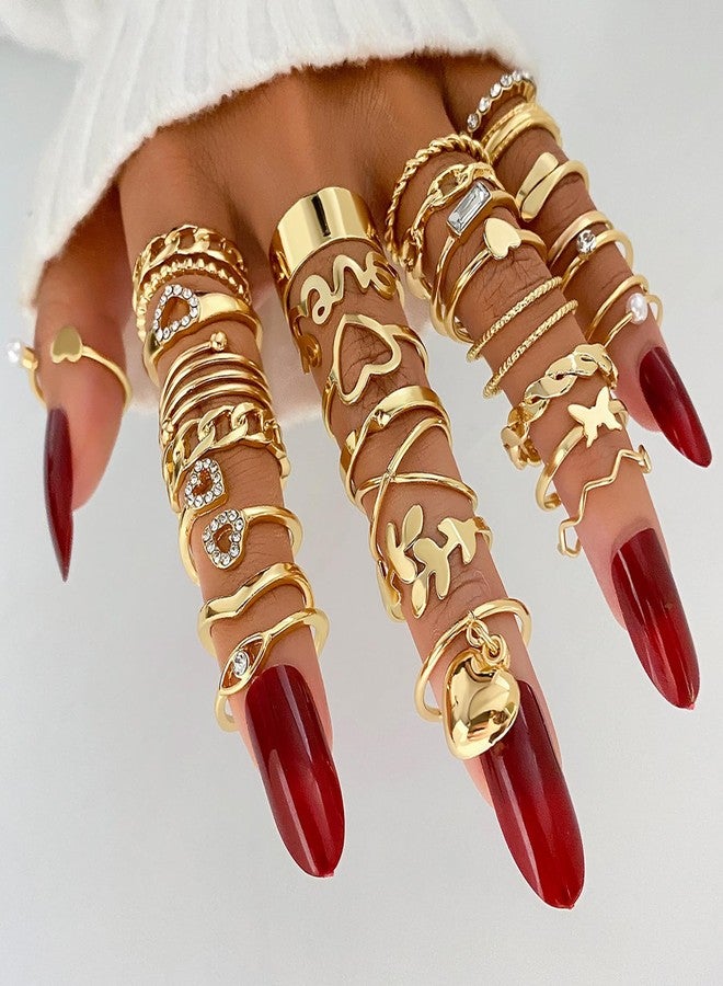 17IF 30 Pcs Gold Vintage Knuckle Ring Set for Women, Boho Crystal Finger Aesthetic Pearl Sparkle Butterfly Chunky Stackable Midi Ring Pack (BigHeart) - Image 3