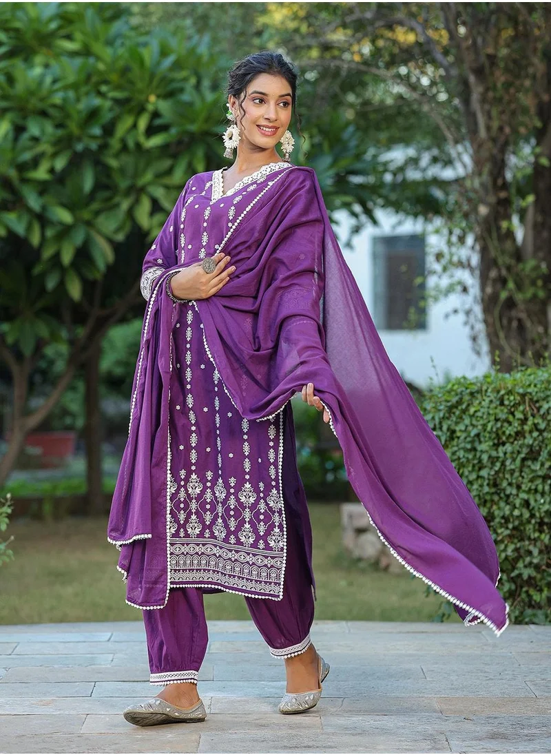 آي شين Women Purple cotton Kurta set with Dupatta