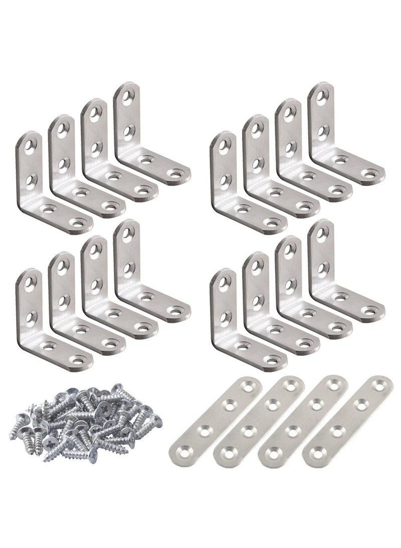 sokany 20 PCS Stainless Steel Corner Braces, 16 PCS 40 X 40mm 90 Degree Right Angle L-Shaped Bracket Joint and 4 PCS Plat Straight Braces Fastener for Wood Shelf Cabinet Chair Table, With 80 Screws - Image 1