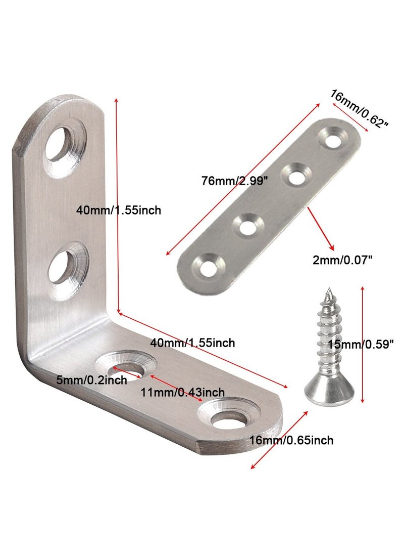 sokany 20 PCS Stainless Steel Corner Braces, 16 PCS 40 X 40mm 90 Degree Right Angle L-Shaped Bracket Joint and 4 PCS Plat Straight Braces Fastener for Wood Shelf Cabinet Chair Table, With 80 Screws - Image 3