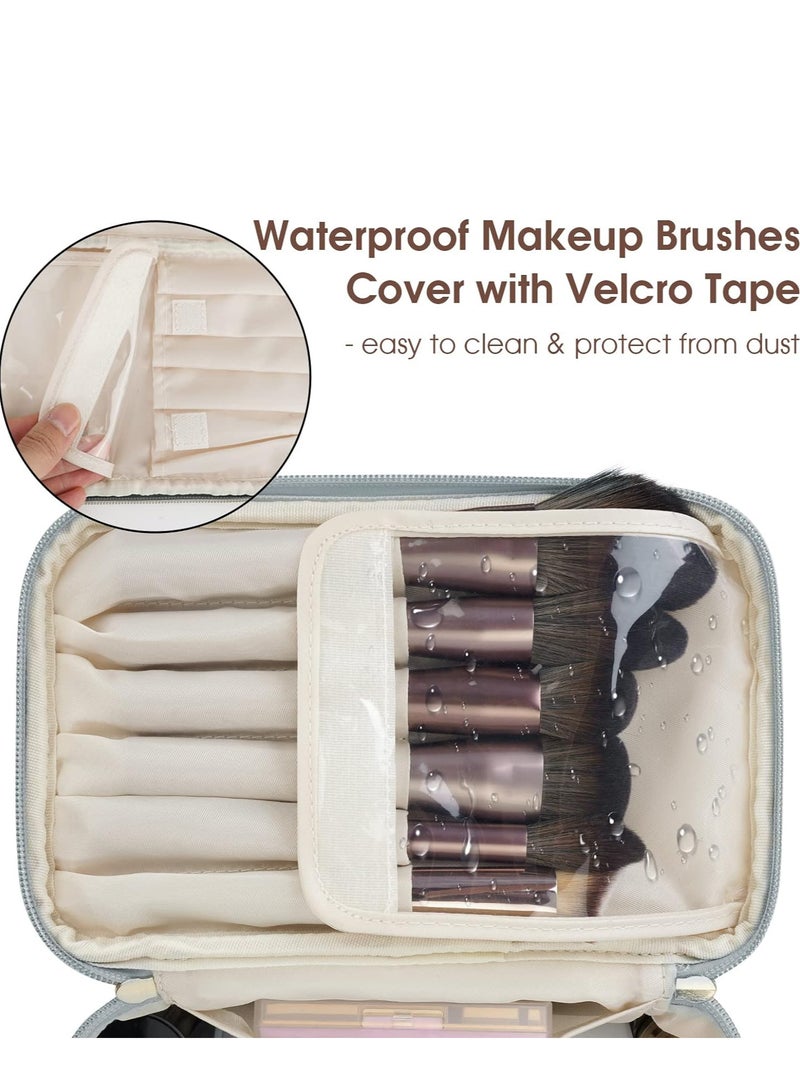 Makeup Bag,Travel Make Up Organizer Cosmetic Brush Bags Case for Women in Eco Vegan Leather(Blue) - Image 2