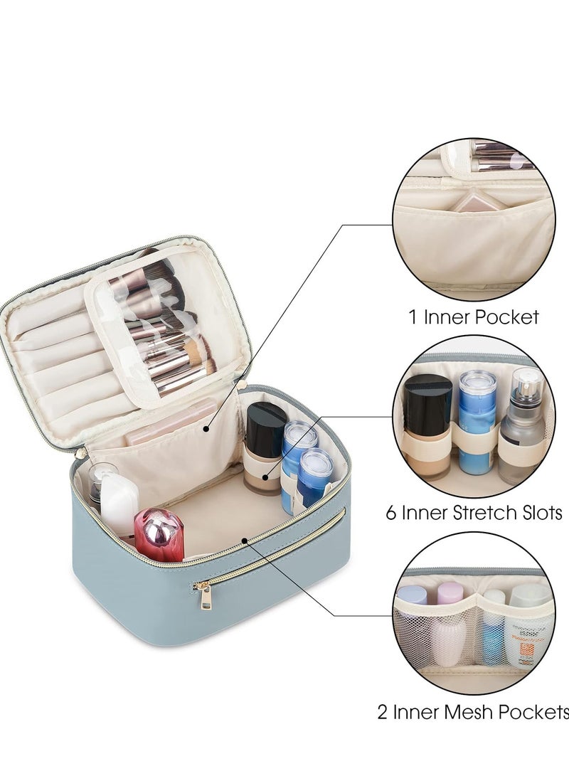 Makeup Bag,Travel Make Up Organizer Cosmetic Brush Bags Case for Women in Eco Vegan Leather(Blue) - Image 4