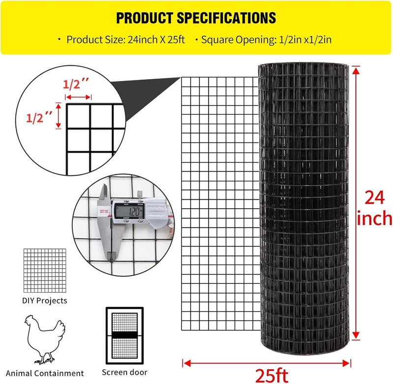forimo 24'' x 25' 1/2inch Hardware Cloth 19 Gauge Black Vinyl Coated Welded Fence Mesh for Home and Garden Fence and Home Improvement Project - Image 2
