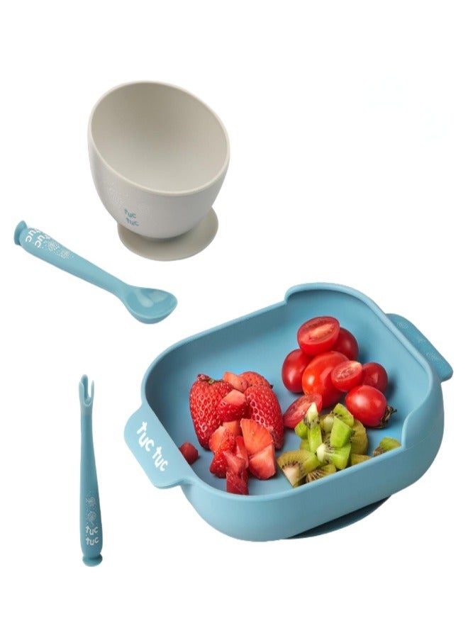 Twisoo Suction Baby Plate and Bowl Set with Fork and Spoon, BPA-Free Silicone, Dishwasher & Microwave Safe, Blue - Image 1
