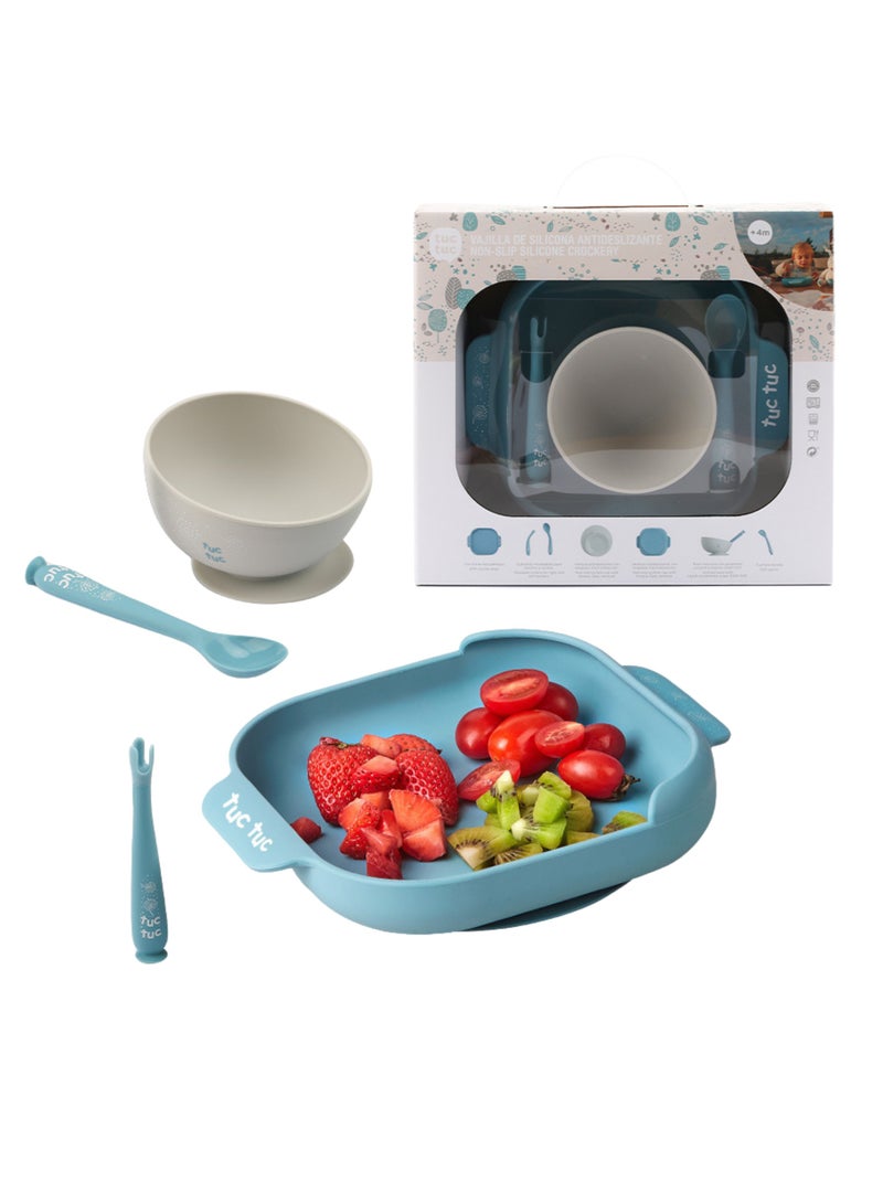 Twisoo Suction Baby Plate and Bowl Set with Fork and Spoon, BPA-Free Silicone, Dishwasher & Microwave Safe, Blue - Image 2